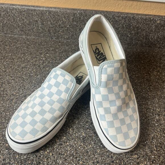 Vans Classic Old Skool Womens Size 8 Blue/White Check Slip On Canvas Casual Shoe - Picture 1 of 10